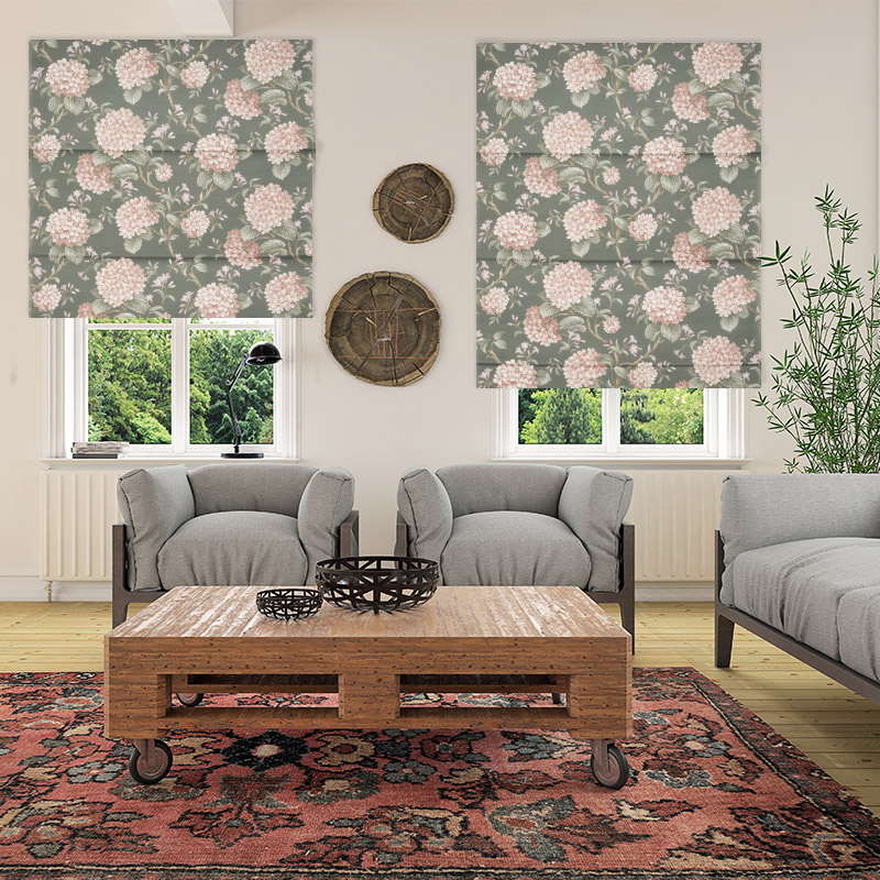 floral roman blinds hydrangea moss